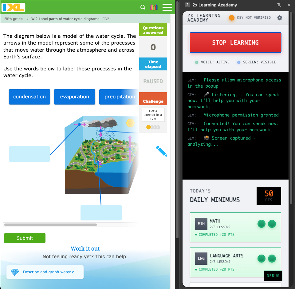 2x Learning Academy AI overlay helping with IXL water cycle problem